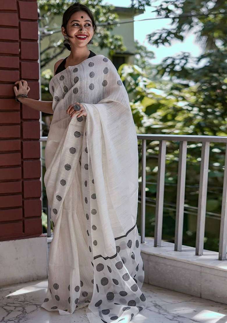 White Weaving Linen Saree Set for Diwali | Wedding & Festive Wear - Indya