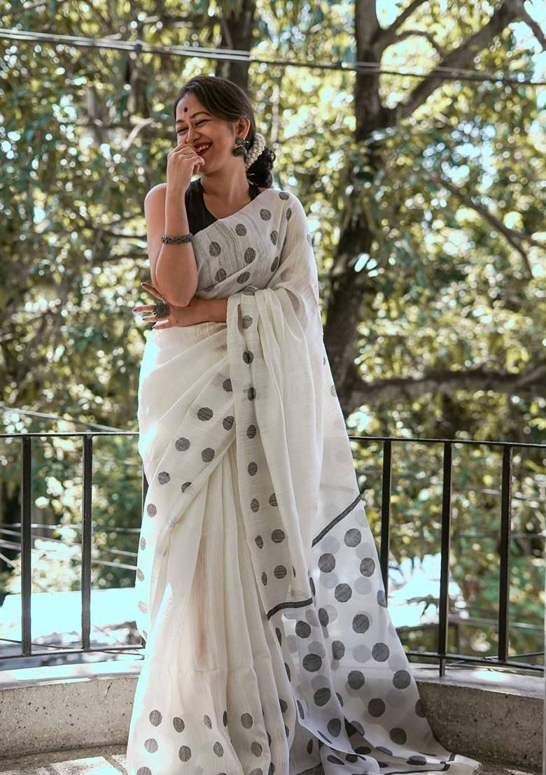 White Weaving Linen Saree Set