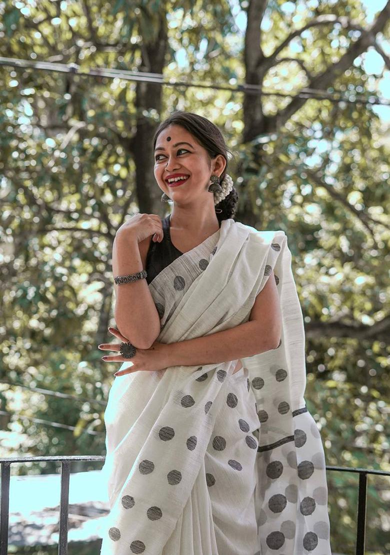 White Weaving Linen Saree Set