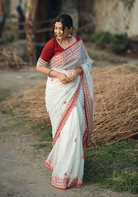 White Weaving Linen Saree Set