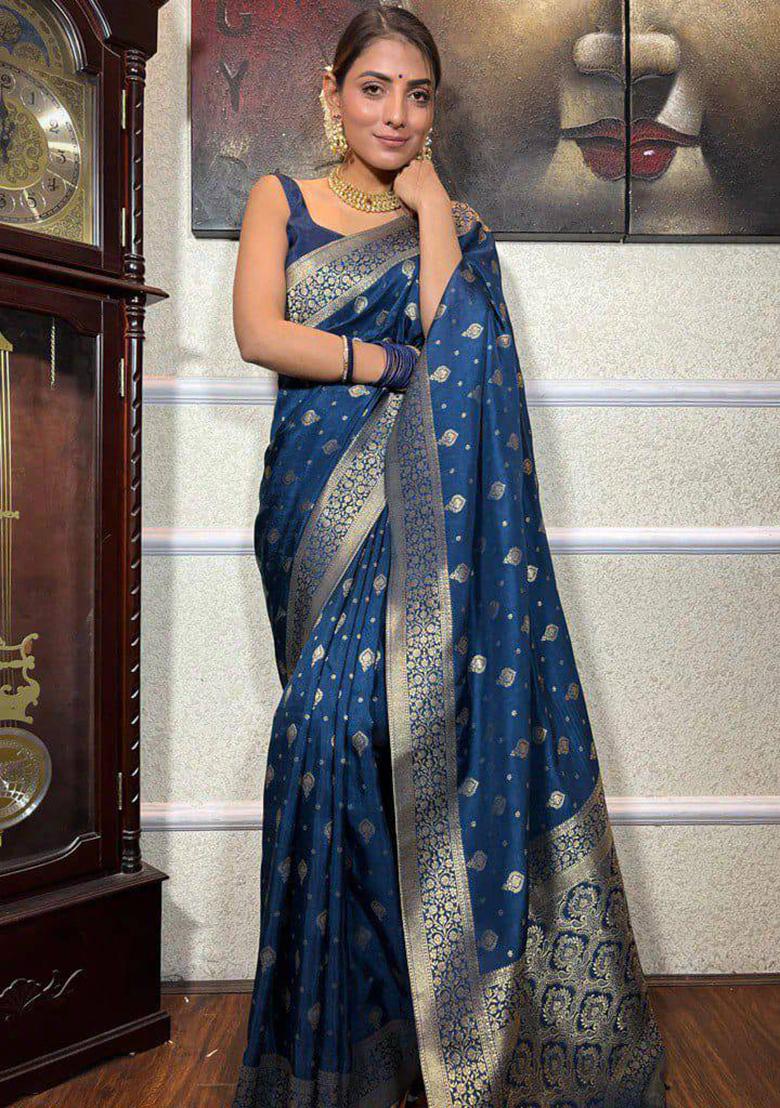 Blue Weaving Silk Saree Set