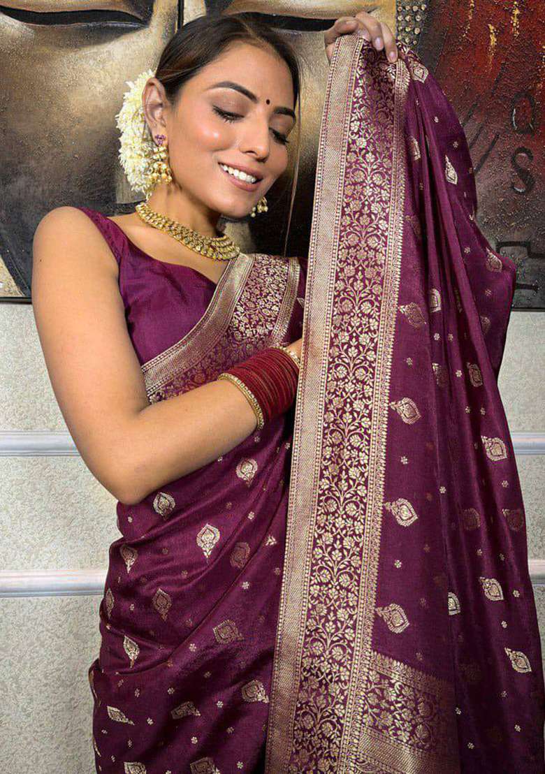 Wine Weaving Silk Blend Saree Set for Diwali | Wedding & Festive Wear - Indya