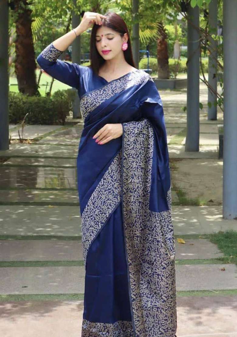 Blue Weaving Silk Blend Saree Set for Diwali | Wedding & Festive Wear - Indya