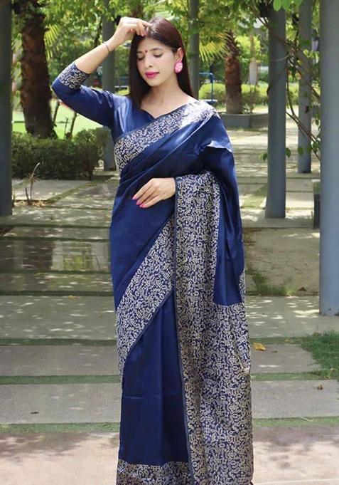 Blue Weaving Silk Saree Set