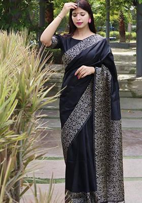 Black Weaving Silk Saree Set