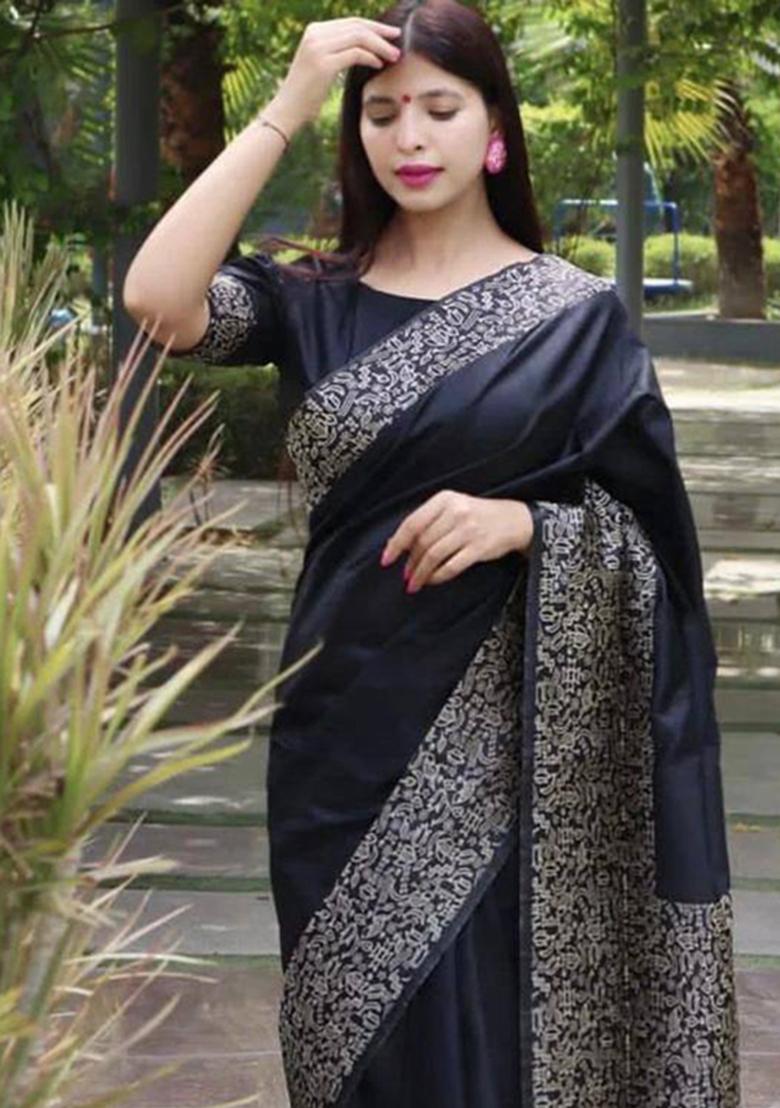 Black Weaving Silk Saree Set