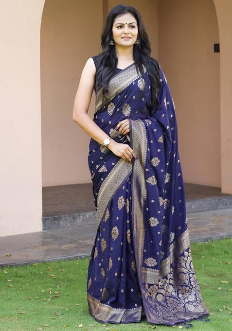 Blue Weaving Silk Saree Set