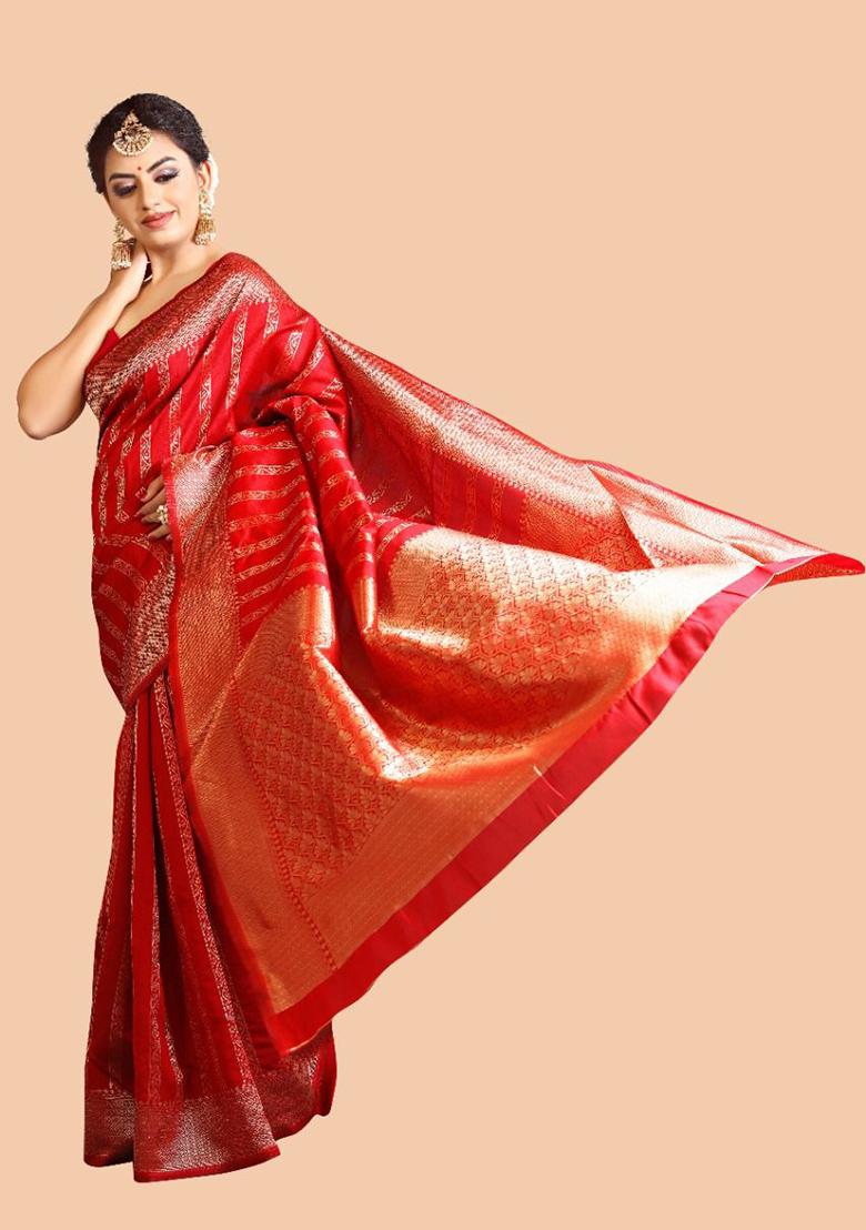 Red Weaving Silk Saree Set