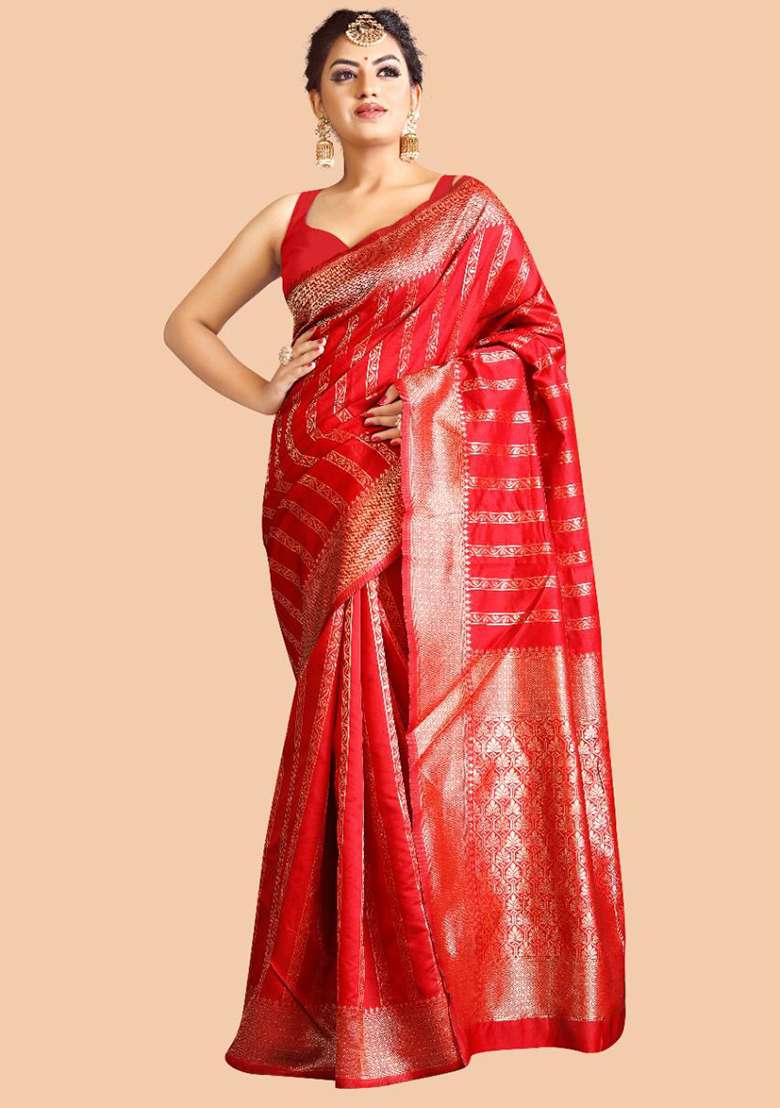 Red Weaving Silk Blend Saree Set for Diwali | Wedding & Festive Wear - Indya