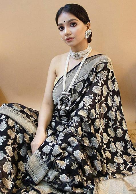 Black Weaving Silk Saree Set