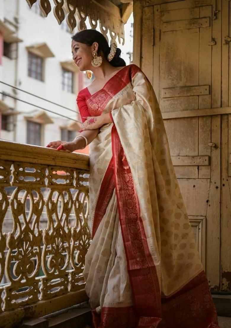 White Weaving Silk Saree Set
