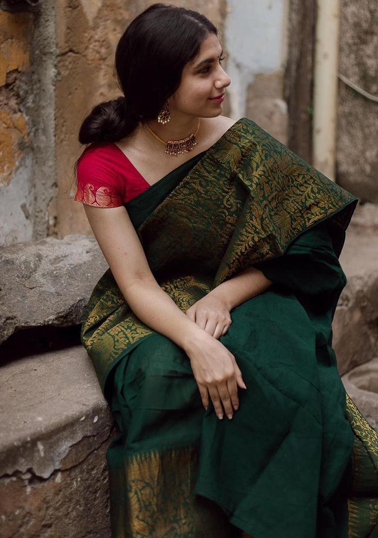 Green Weaving Silk Saree Set