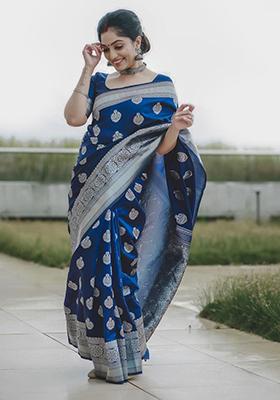 Blue Weaving Silk Saree Set