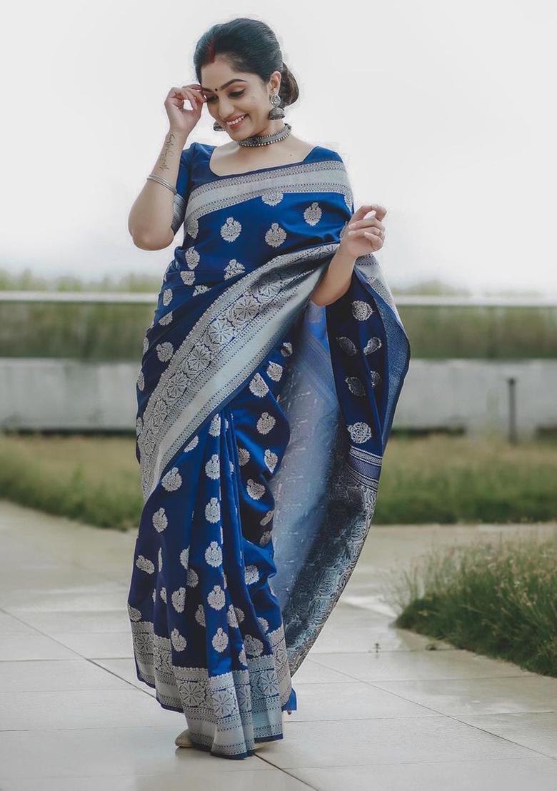Blue Weaving Silk Blend Saree Set - Indya