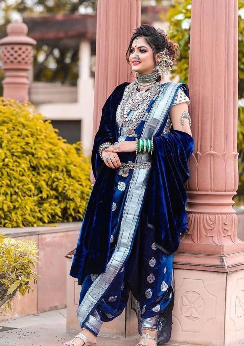 Blue Weaving Silk Blend Saree Set - Indya
