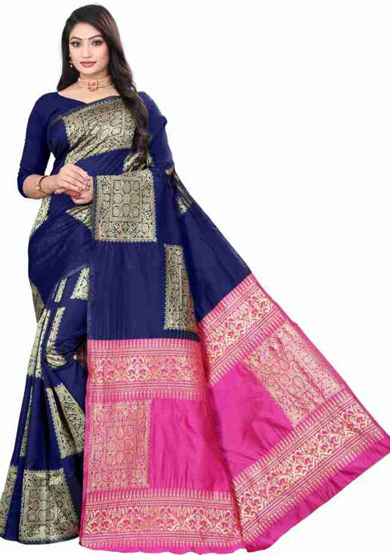 Dark Blue Weaving Silk Blend Saree Set for Diwali | Wedding & Festive Wear - Indya