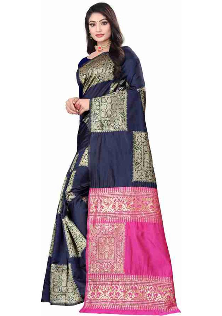 Dark Blue Weaving Silk Saree Set
