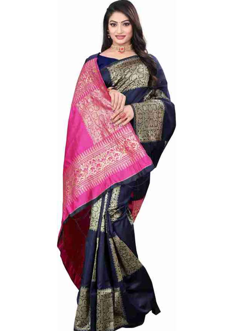 Dark Blue Weaving Silk Blend Saree Set for Diwali | Wedding & Festive Wear - Indya