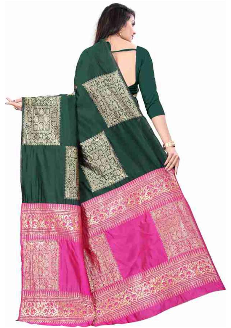 Green Weaving Silk Blend Saree Set for Diwali | Wedding & Festive Wear - Indya