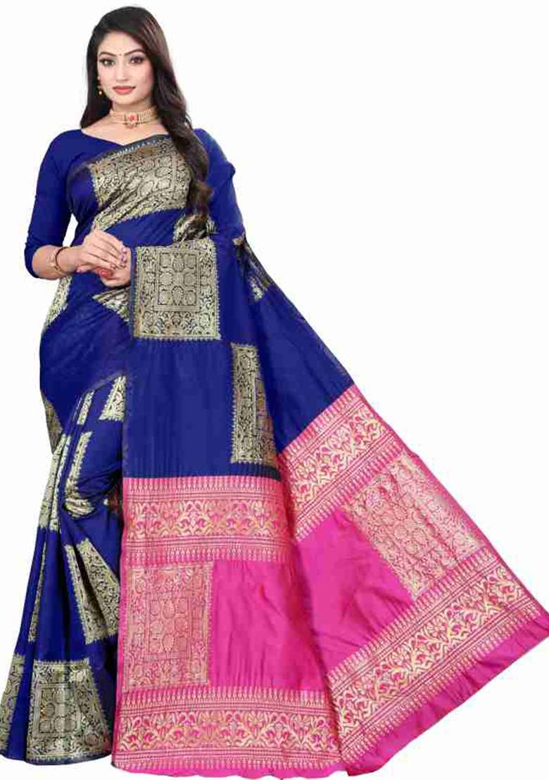 Blue Weaving Silk Blend Saree Set for Diwali and Festive Wear - Indya