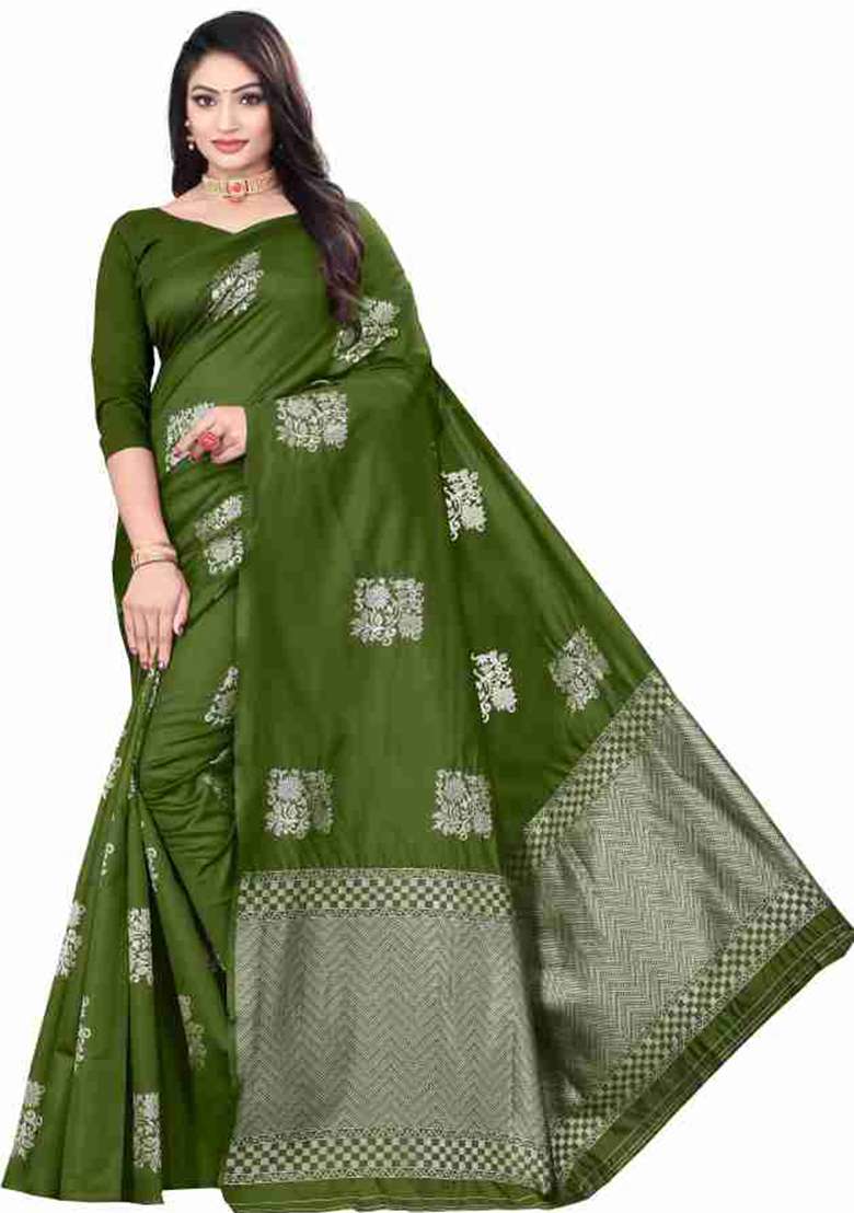 Green Weaving Silk Blend Saree Set for Diwali | Wedding & Festive Wear - Indya