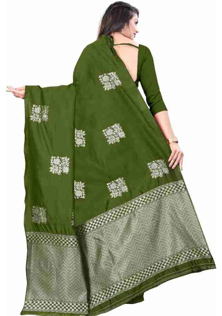 Green Weaving Silk Blend Saree Set for Diwali | Wedding & Festive Wear - Indya