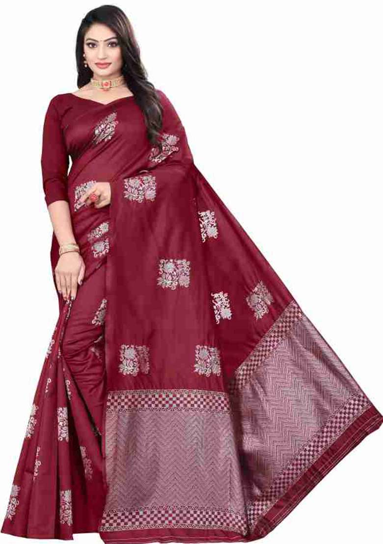 Maroon Weaving Silk Blend Saree Set for Diwali and Festive Wear - Indya