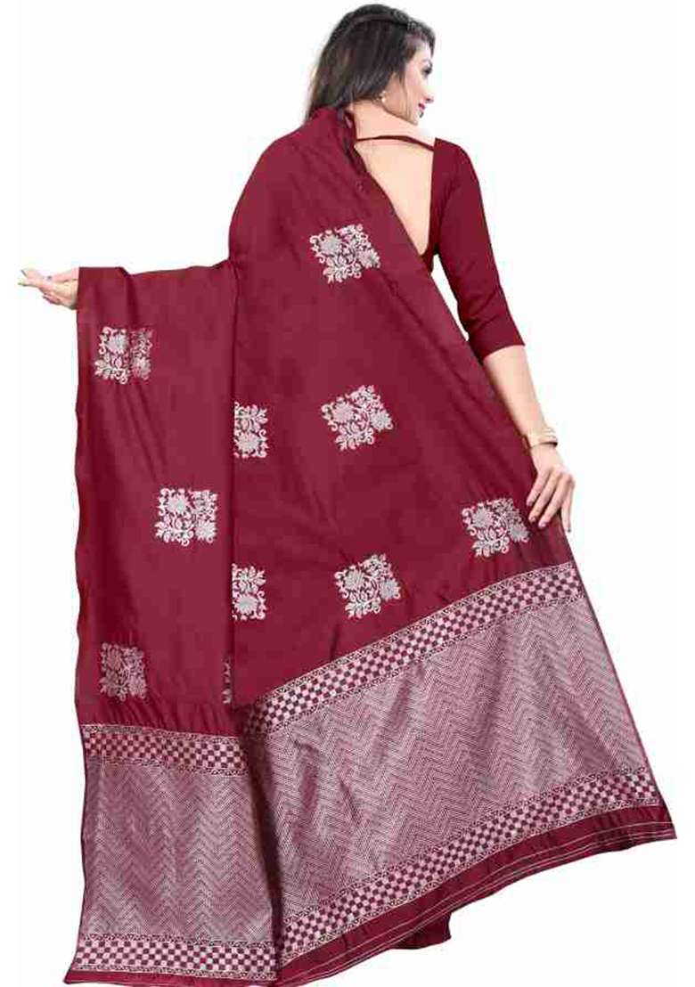 Maroon Weaving Silk Blend Saree Set for Diwali and Festive Wear - Indya
