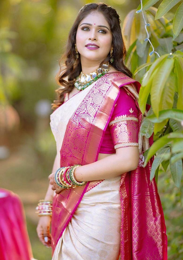 White Weaving Silk Saree Set