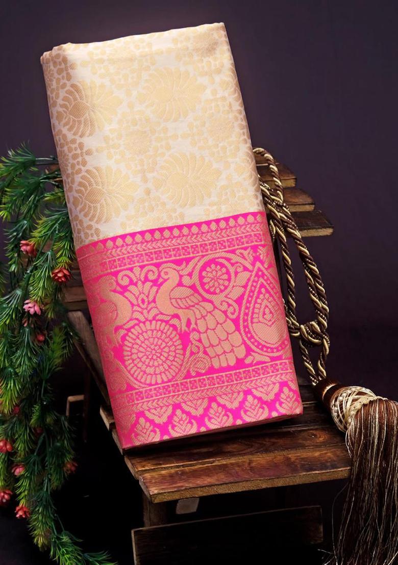 White Weaving Silk Saree Set