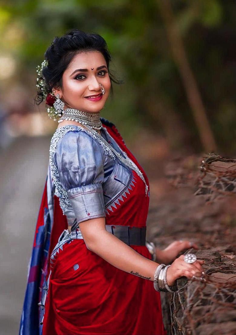 Red Weaving Silk Saree Set