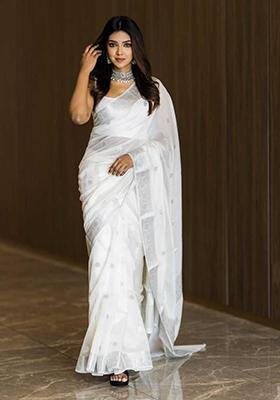 White Weaving Silk Saree Set