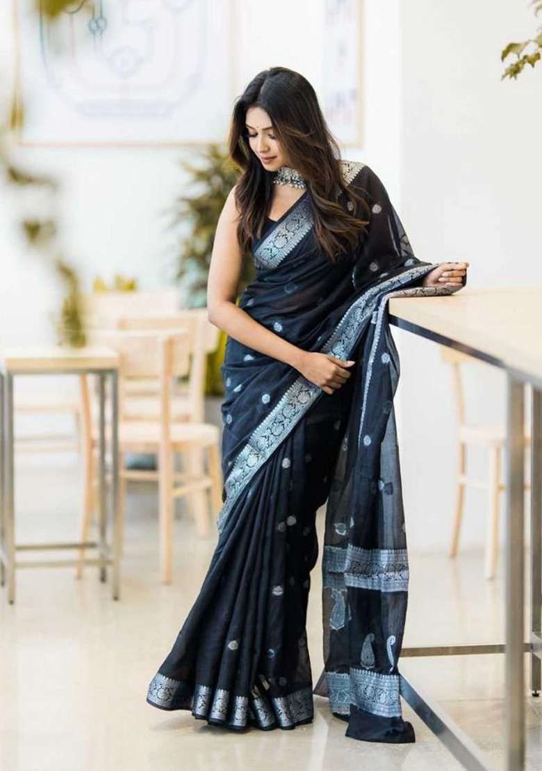 Black Weaving Silk Blend Saree Set for Diwali and Festive Wear - Indya