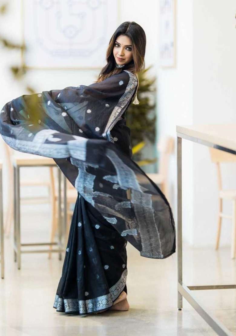 Black Weaving Silk Blend Saree Set for Diwali and Festive Wear - Indya