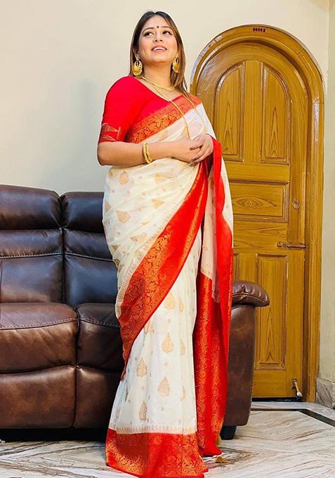 White Weaving Silk Saree Set