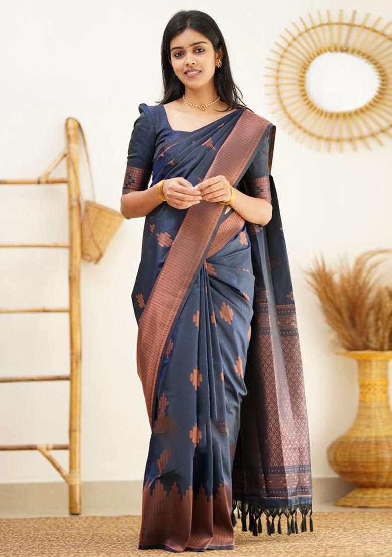 Blue Weaving Silk Blend Saree Set for Diwali | Wedding & Festive Wear - Indya