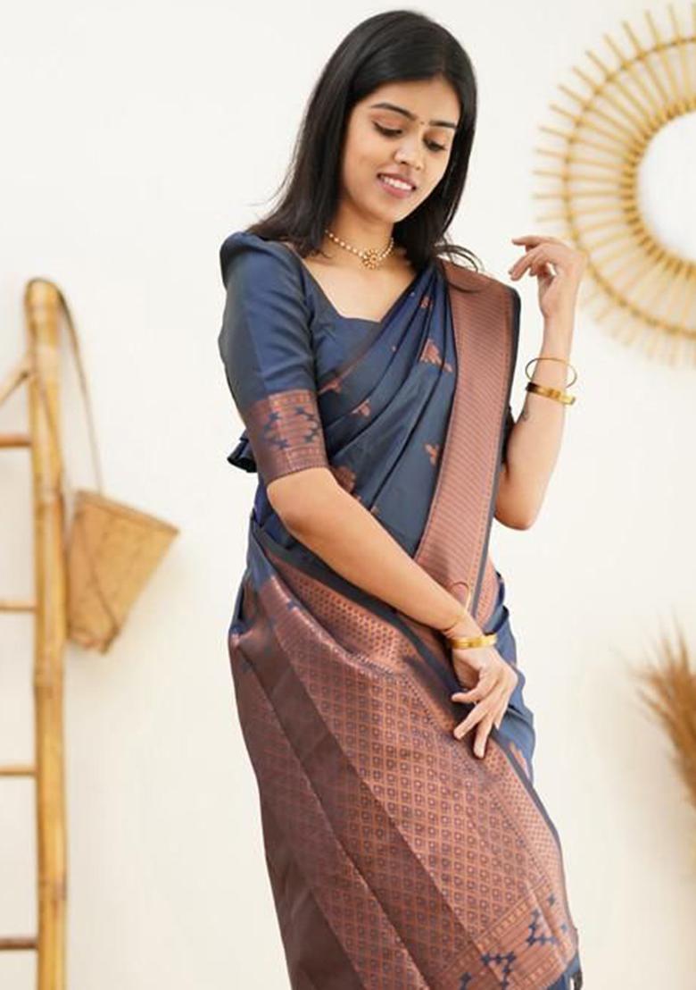 Blue Weaving Silk Saree Set