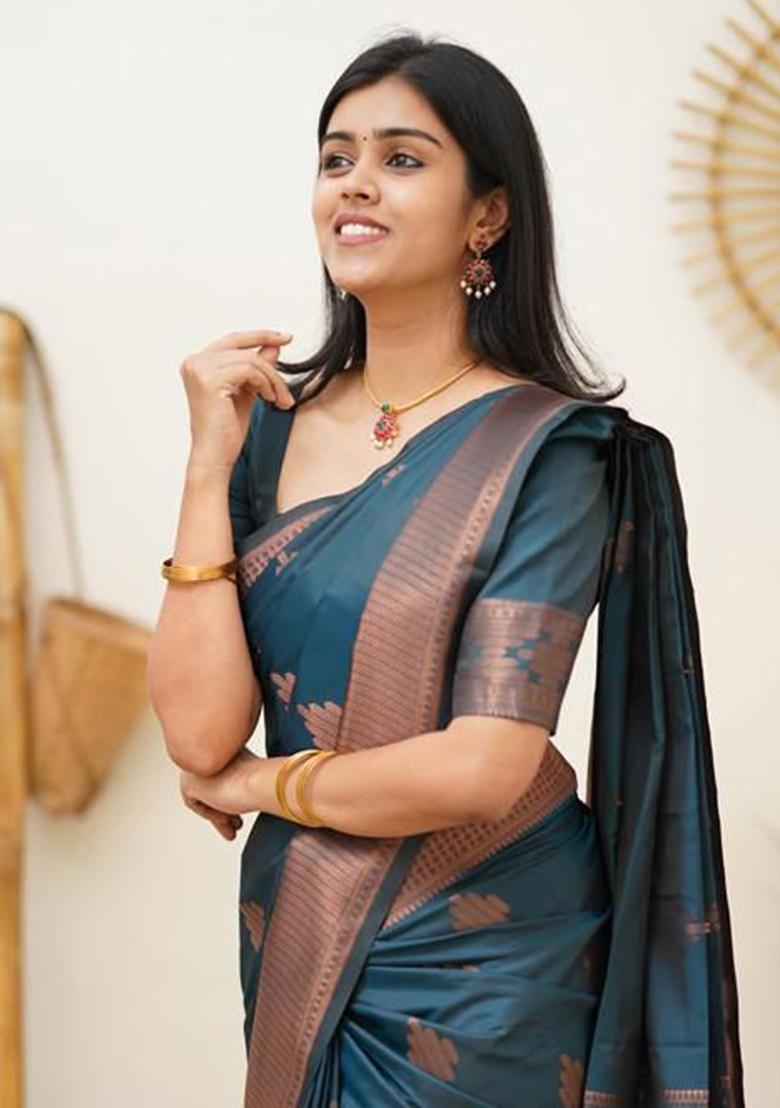 Petrol Blue Weaving Silk Saree Set