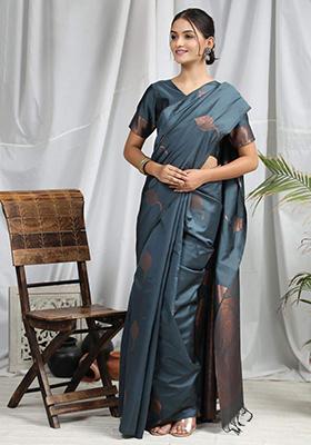 Petrol Blue Weaving Silk Saree Set