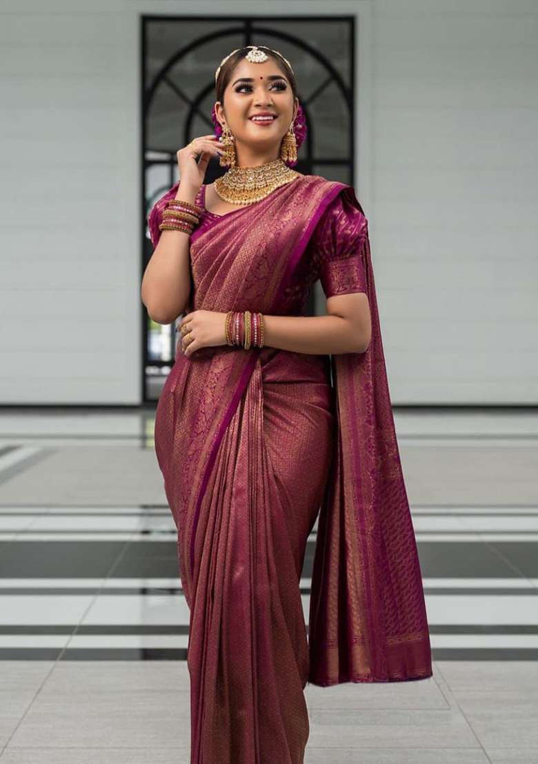 Wine Weaving Silk Blend Saree Set for Diwali and Festive Wear - Indya