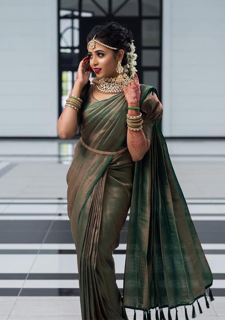 Green Weaving Silk Saree Set