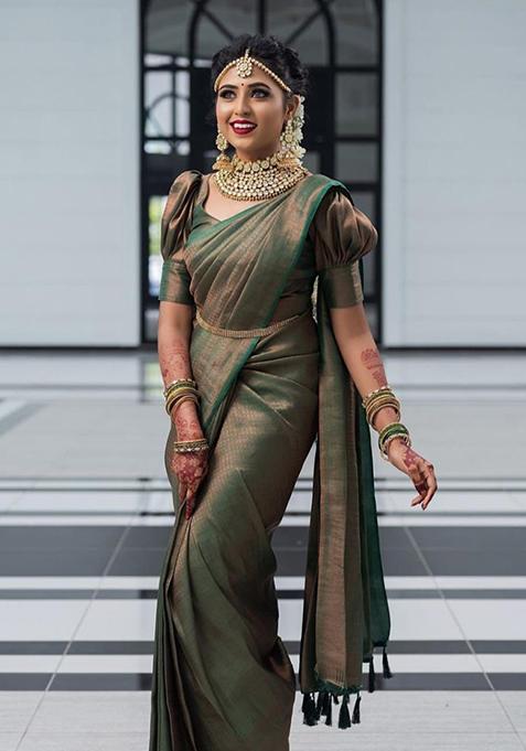 Green Weaving Silk Saree Set