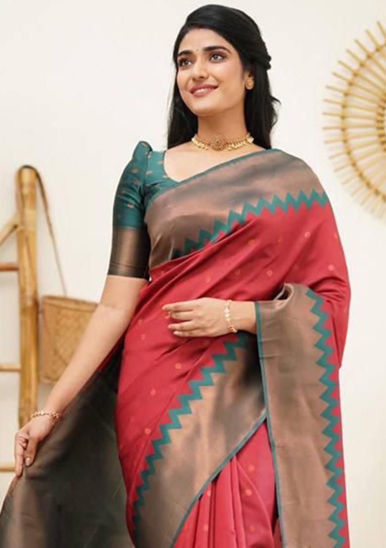 Red Weaving Silk Saree Set
