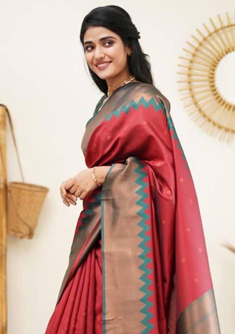 Red Weaving Silk Saree Set