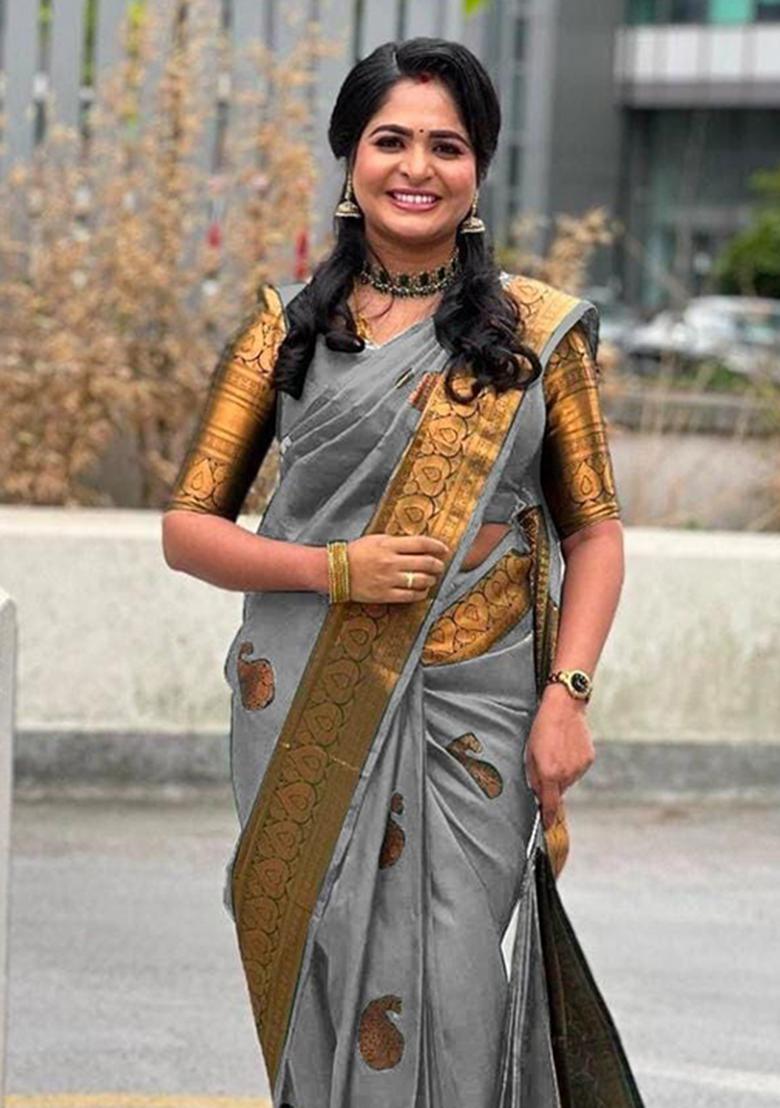Grey Weaving Silk Saree Set