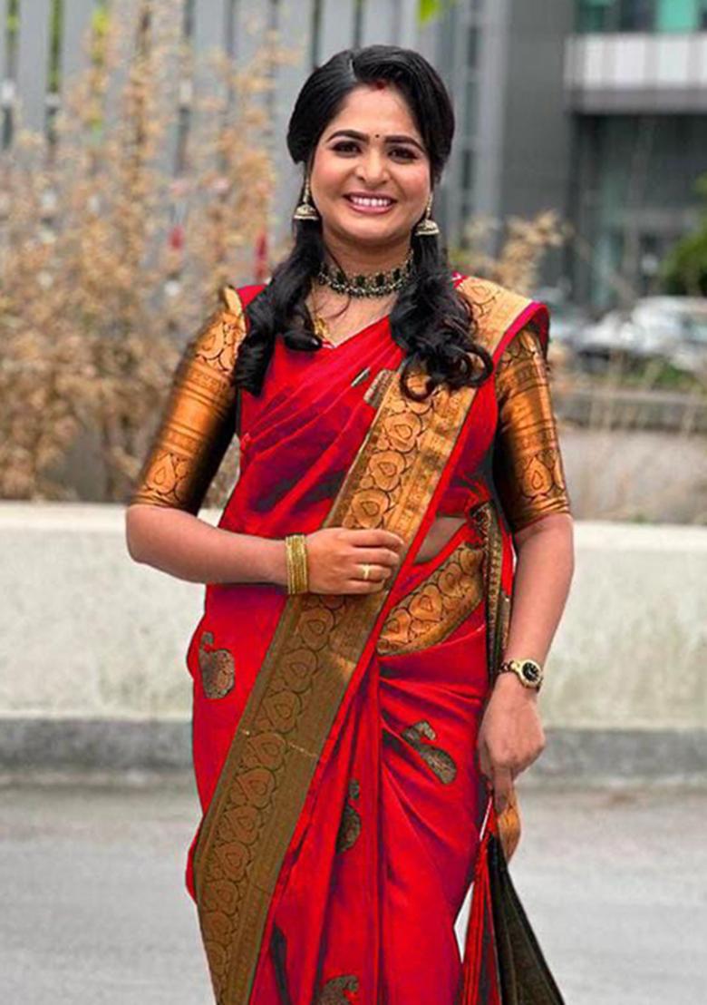 Red Weaving Silk Saree Set