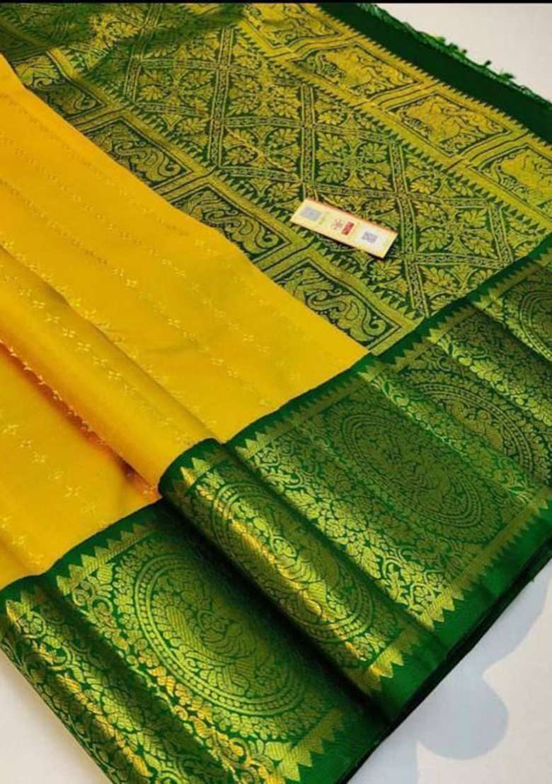 Yellow Weaving Silk Blend Saree Set for Diwali and Festive Wear - Indya