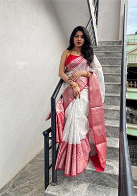 White Weaving Silk Saree Set