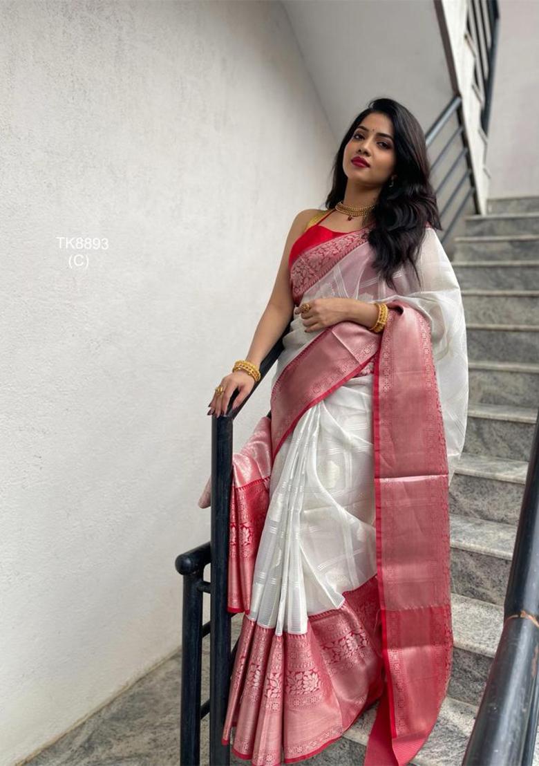 White Weaving Silk Saree Set