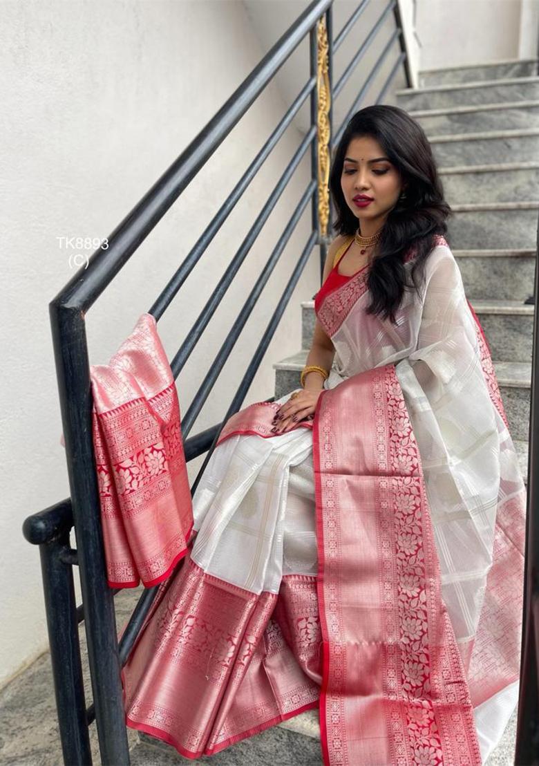 White Weaving Silk Saree Set